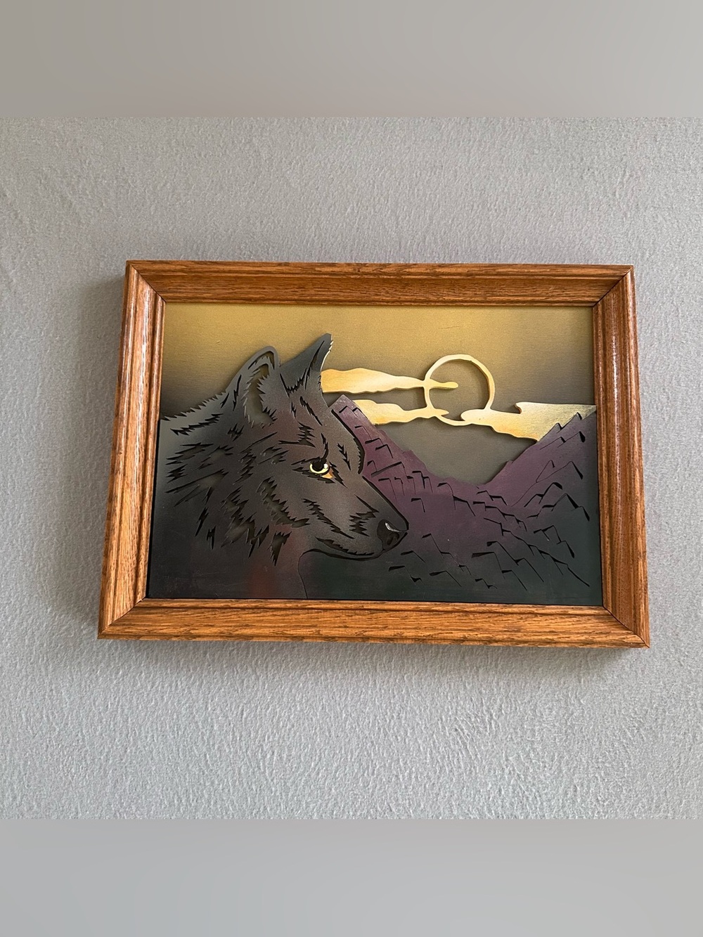 Layered Wood Framed Rustic Wall Art Wolf Moon Mountains Handcrafted Lodge Decor